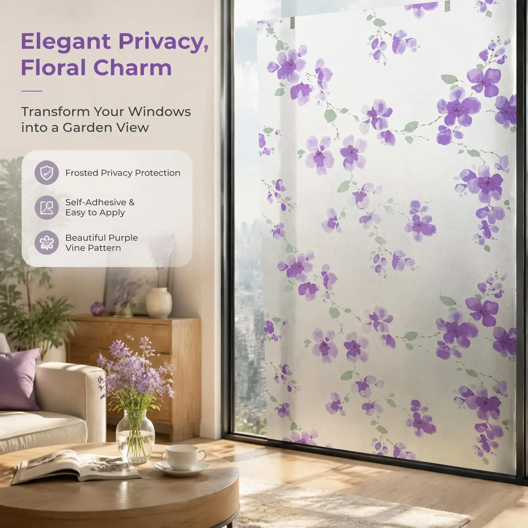 SSelf-Adhesive Watercolor Purple Vine Flower Frosted Window Film, Waterproof UV Block Removable No Residue Floral Privacy Glass