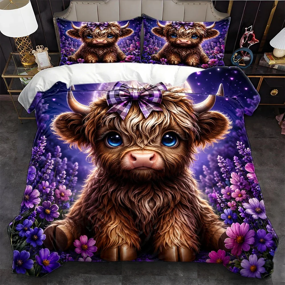 3Pcs Cute Highland Cow Floral Duvet Cover Set with 1Pc Duvet Cover and 2Pcs Pillowcases Bedding Accessories Quilt Cover