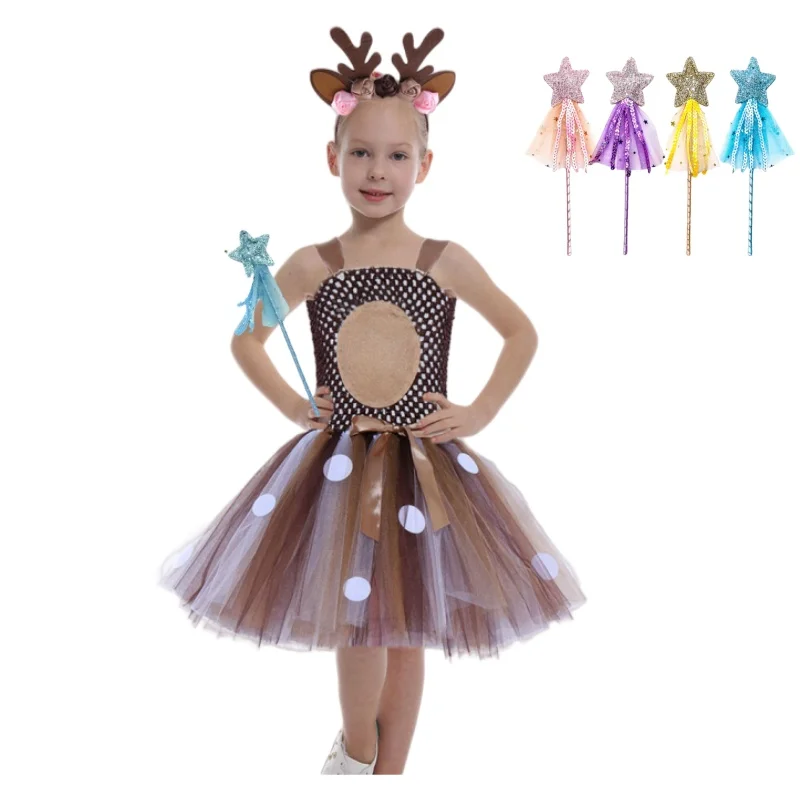 

Deer Dress Elk Yarn Skirt Princess Clothes Cosplay Costume for Girls Christmas Dress Halloween Costumes Reindeer Tutu Dress