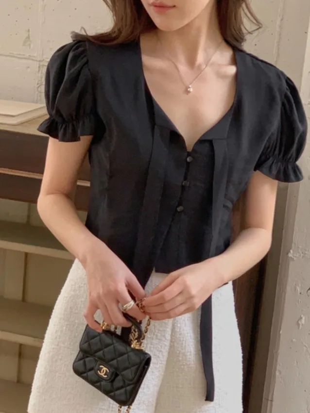 

Ele Chic ort Sve irt for Women with Bow Tie Slimming Button up Top Commute Sle Bubble Sve Square Collar ort...