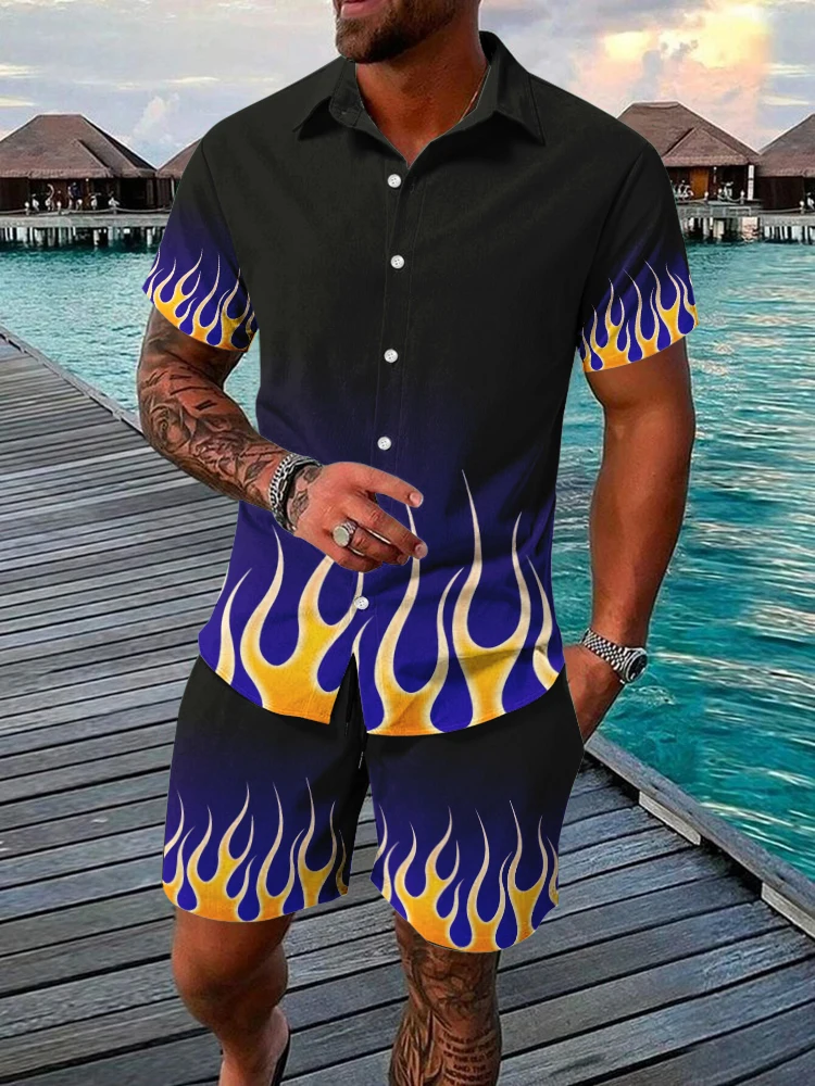 Setelan baju pantai lengan pendek Hawai pria, kemeja lengan pendek dan celana pendek pantai motif api 3D, baju kasual musim panas, celana pendek olahraga harian