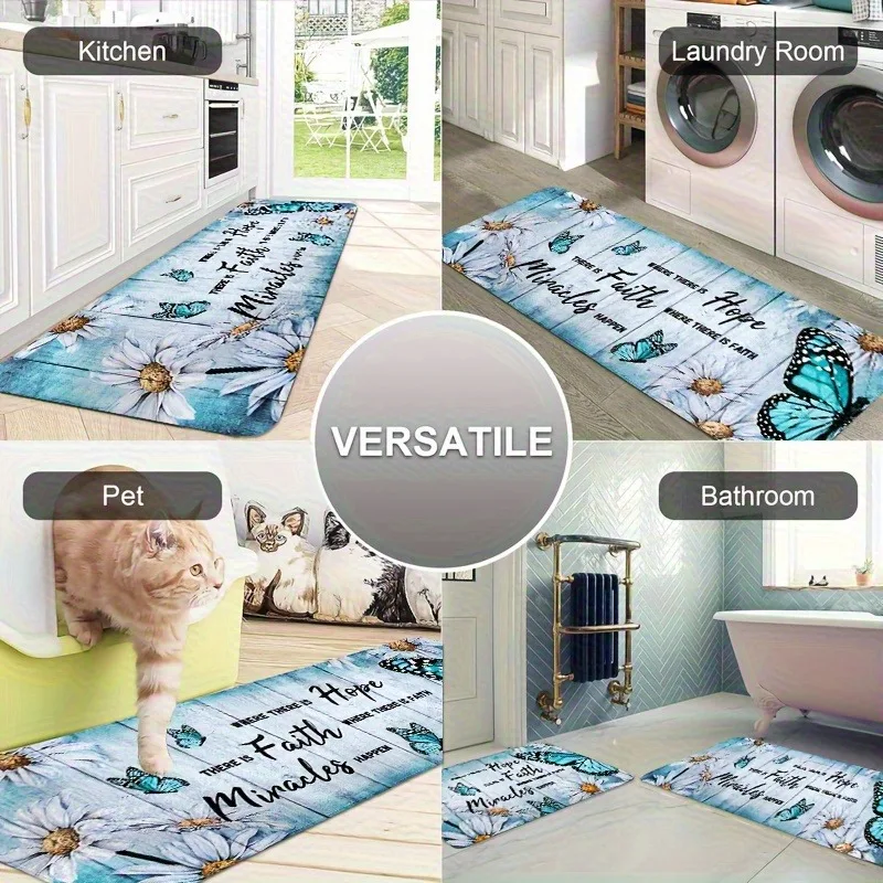 

1PC Daisies & Butterflies Kitchen Rug Non-Slip Door Mat Pop design Bathroom Rug Bath Mat Carpet for Home Sink Laundry Decor