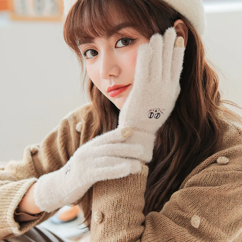 قفازات محبوكة دافئة من القطيفة في الخريف والشتاء قفازات نسائية لركوب الدراجات سميكة مقاومة للرياح والباردة تعمل باللمس قفازات تحديد الأصابع