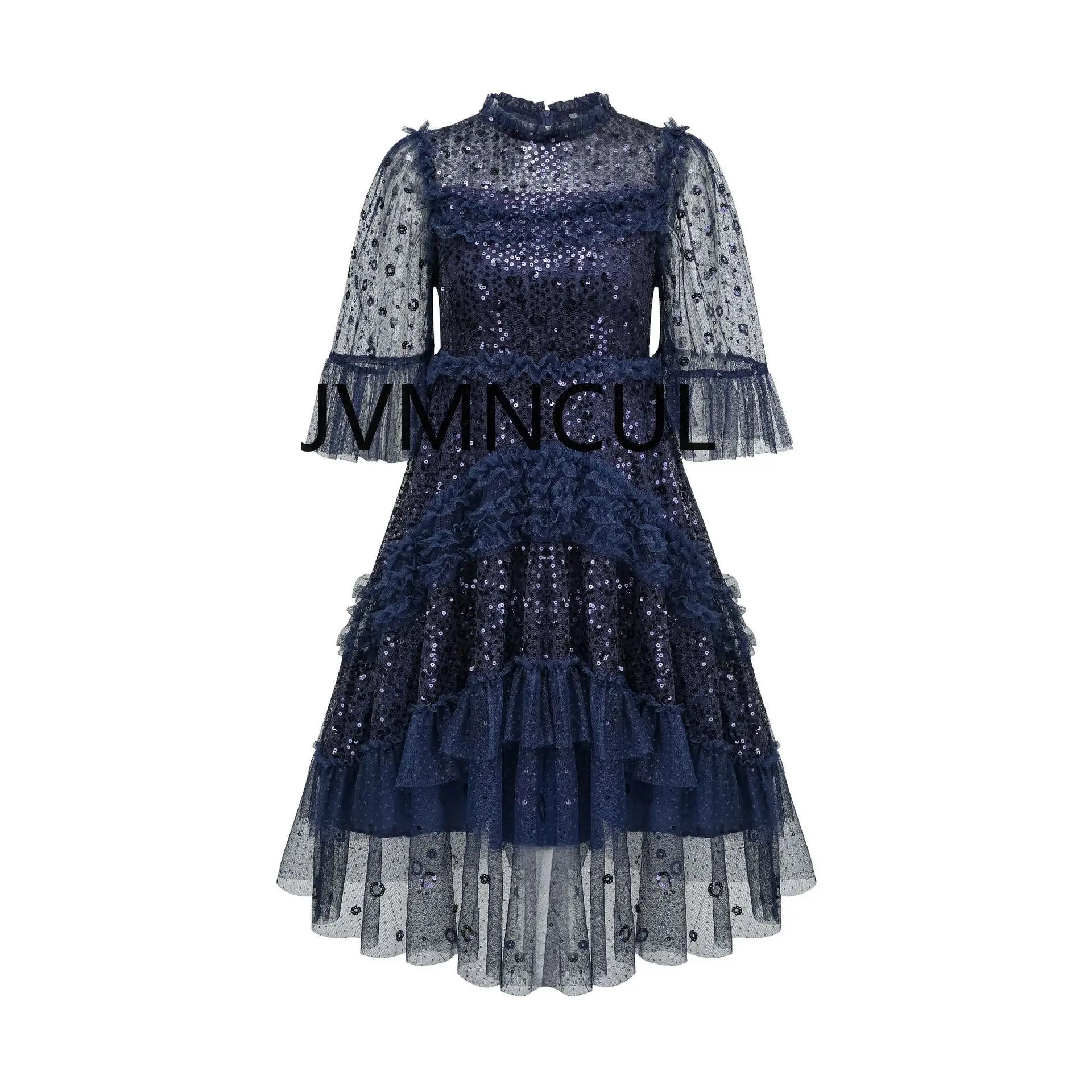 Glinsterende A-lijnjurk voor feesten 2025, Europese en Amerikaanse zware mini-jurk met ronde hals voor feesten