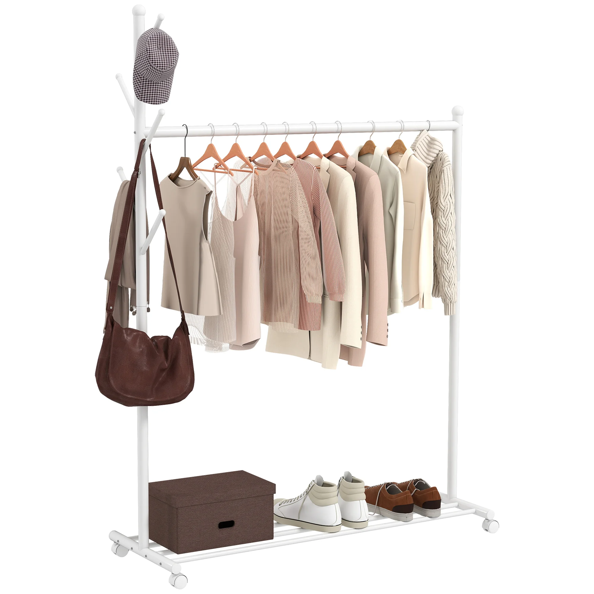HOMCOM Burro Ropa con Ruedas 5 Ganchos y Balda Inferior 120x43x171 cm Blanco