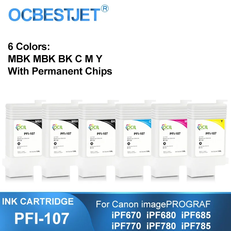 PFI-107 PFI107 Refillable Ink Cartridge With Permanent Chips For Canon IPF670 IPF680 IPF685 IPF770 IPF780 IPF785 130ML 6Colors
