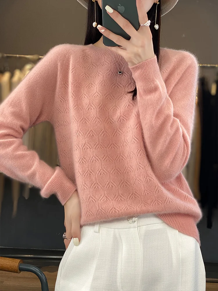 Women O-neck Knitted Thin Cardigan 100% Merino Wool Long Sleeve Sweater For Spring Autumn Casusal Hollow out tops Clothing