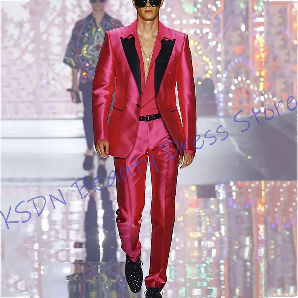 

Elegant Satin Men's Suits Slim Fit Peak Lapel Single-Breasted 2 Piece Set Formal Wedding Party Jacket+Pants Business Tuxedo Wear