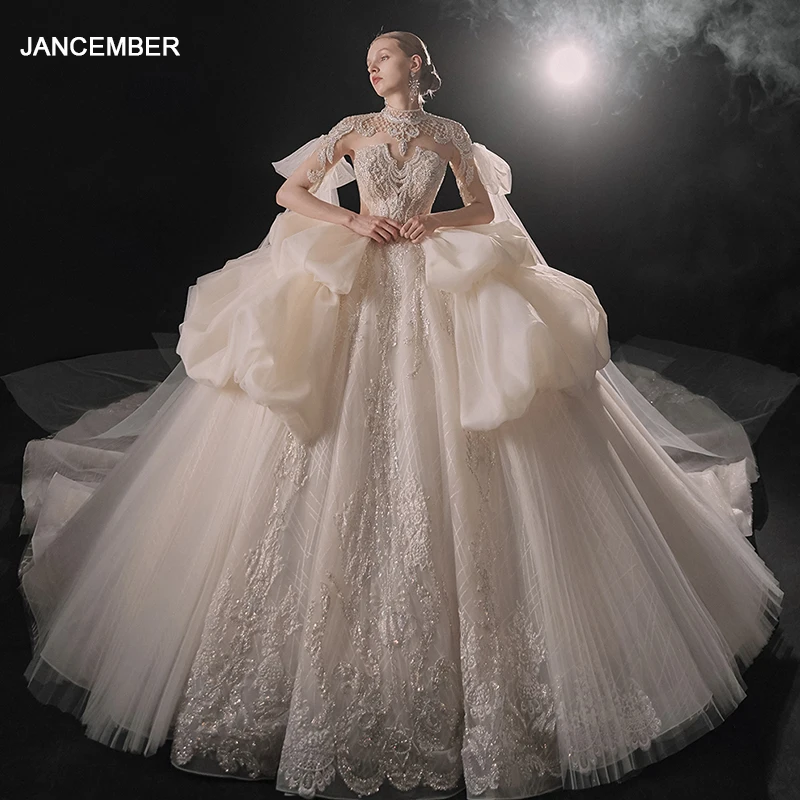 

Jancember Exquisite Promotion Wedding Gown For Bride 2024 Ball Gown High Neck Short Sleeves Lace Crystal Beading vestido novia