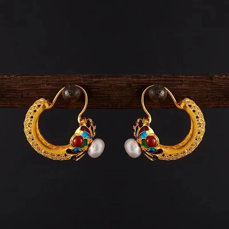 Chinoiserie Chinese Style Vintage Enamel Copper Alloy Filigree Shou Figure Earrings for Women Party Hanfu Cheongsam Wedding Gift