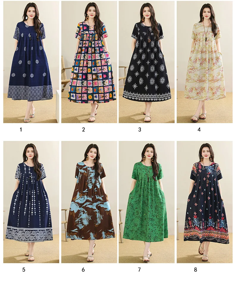 New 2025 Summer Dress For Women Plus Size Dress Casual Short Sleeve Boho Vintage Print Long Maxi Dress Beach Women Clothing
