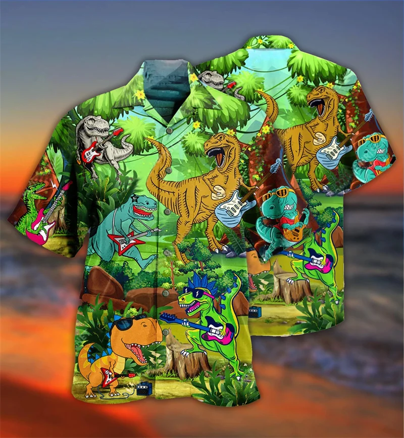 3D Men Neon Shirt Guitar Bass Printed Hawaiian Shirt Vintage Tops Male Casual Stylish Short Sleeve Clothing Trend Streetwear