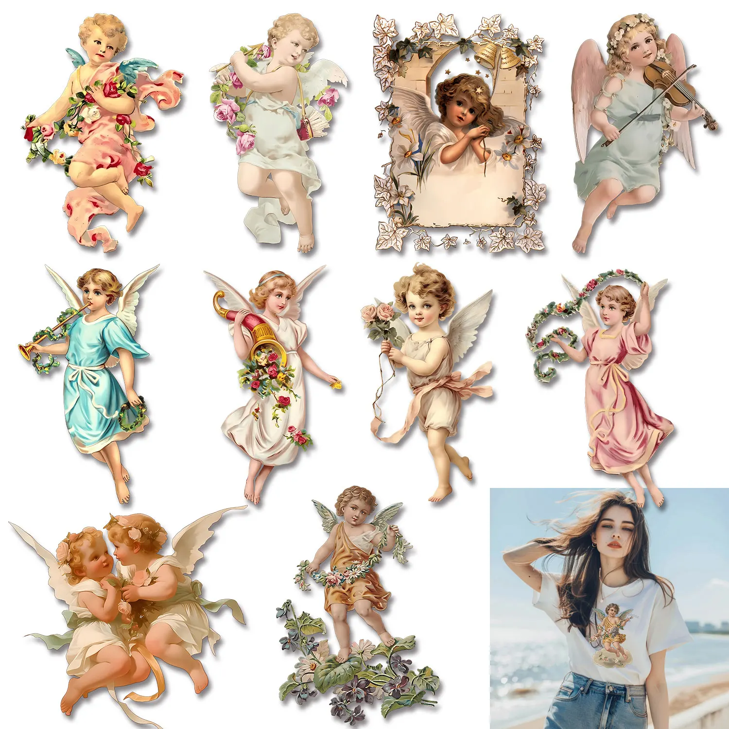 Watercolor rococo cupid angel illustration Iron on Decals Patches for Clothes Playful Stickers DIY Decoration