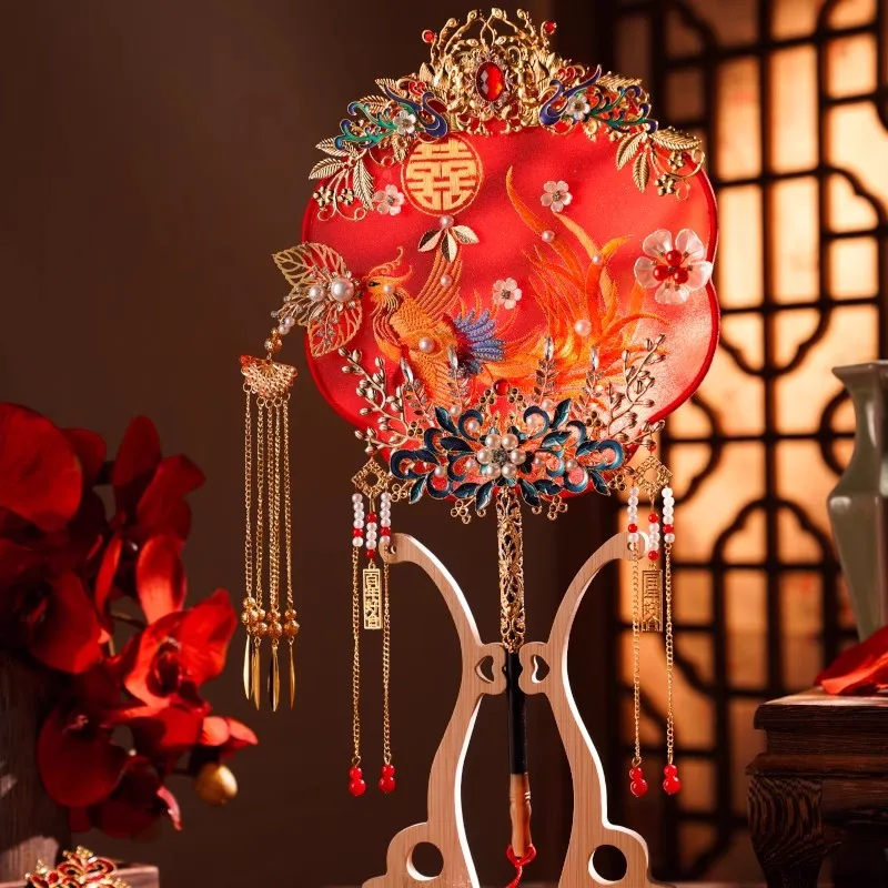 

Chinese Wedding Hand Fan DIY Kit - Double-Sided Embroidery, Bride's Phoenix & Peony Design - Vintage Oriental Craft for Ceremony