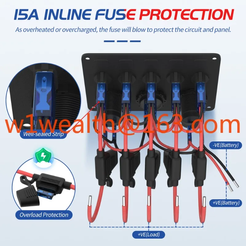 Interruptor basculante ON-OFF redondo de 5 entradas, 12V, 20A, Panel LED de punto azul, Panel de Control multifuncional impermeable de aluminio negro