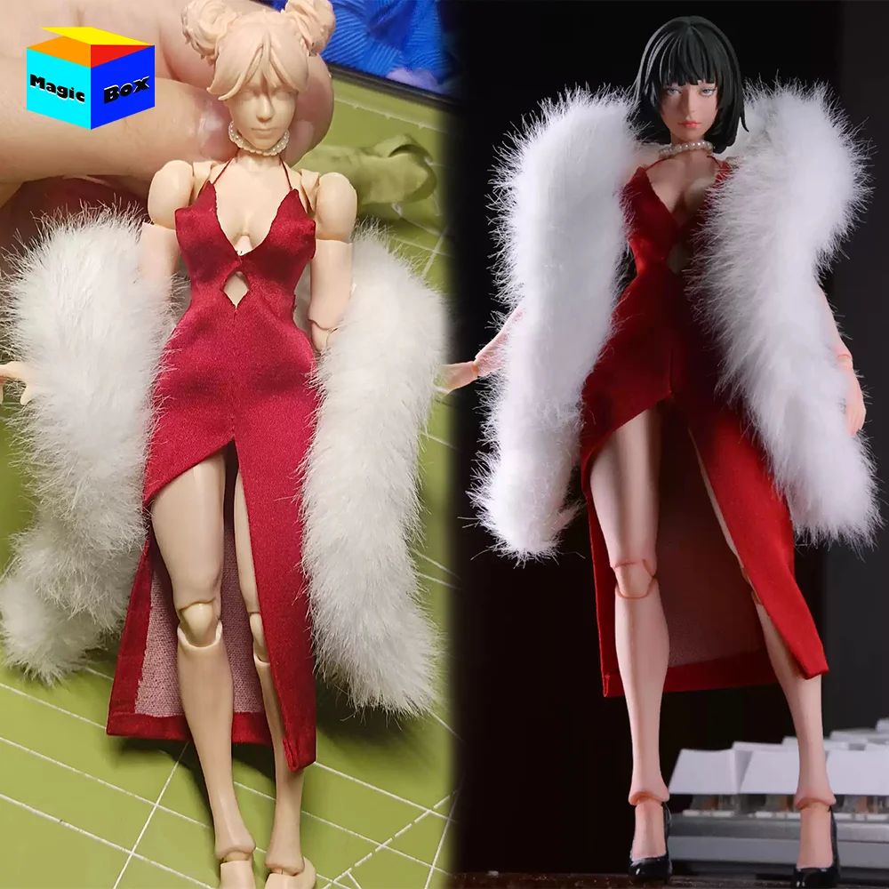 Vestido de satén con tirantes de corte bajo para mujer, chal de felpa, tacones altos, 6 pulgadas, cuerpo de figura de acción Romankey X COWL, 1/12