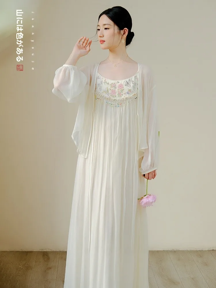 

Новый китайский шелковый комплект с вышивкой и подвязками, женская одежда в стиле Ханьфу, в духе Дзен, в национальном стиле, градиентный дизайн