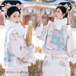 Chinese Hanfu Qipao Qing Dynasty Princess Gege Cheongsam Dress Printed Fower Ancient Clothes Folk Dance Dress Cosplay Costume