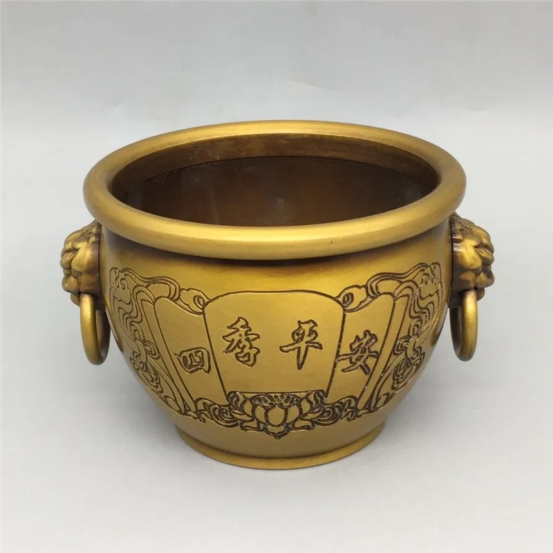 Exquisite antique copperware: Brass "Four Seasons Peace" tiger head jar, superb craftsmanship, complete form