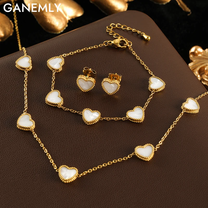 GANEMLY 316L Edelstahl Weißes Herz Liebe Baumeln Halskette Armband Ohrringe Set Für Frauen Mode Wasserdicht Schmuck Set