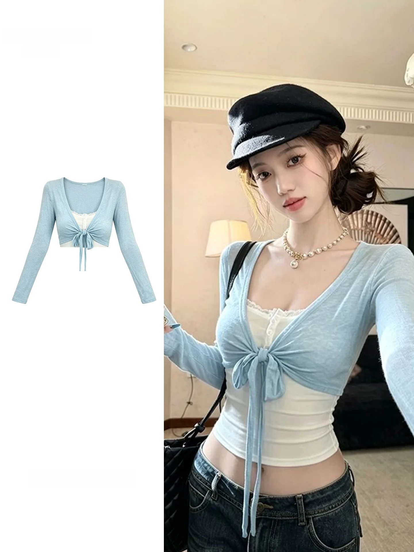 plus Size Spicy Girl Retro Style Belted Long Sleeve Sun Protection Open Cardigan Coat Women Summer Slimming Camisole Set