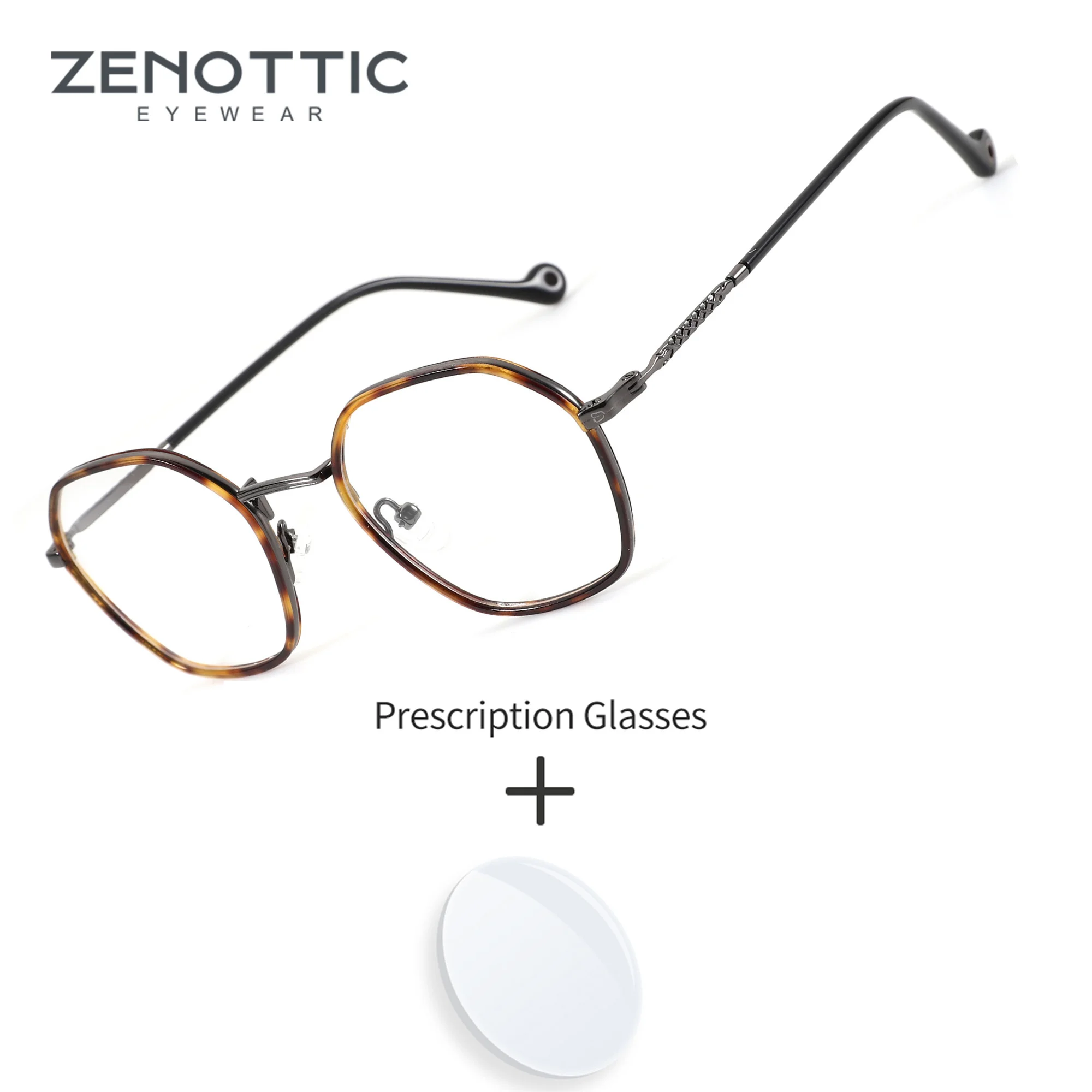 zenottic-xsサイズ、多角形メタルフレーム、男女兼用、度付きメガネ、多焦点レンズ、ブルーライトカット、おしゃれなデザイン