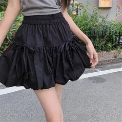 Women Y2K Bubble Skirt Fashion Elastic Waist Pleated Ruffle Hem A Line Mini Skirt Cute Short Puffy Pure Color Balloon Skirt