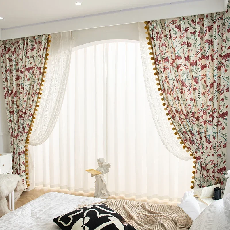 Print Cotton Luxury American Rustic Tulle Beige Red Grape Curtains for Living Dining Room Bedroom High Shading