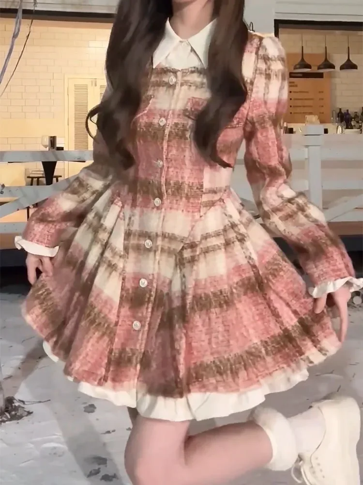 Pink Elegant Fake Two Piece Dress Women Plaid Patchwork Design Sweet Dresses Female Korean Fashion Casual Chic Dress 2024 Winter