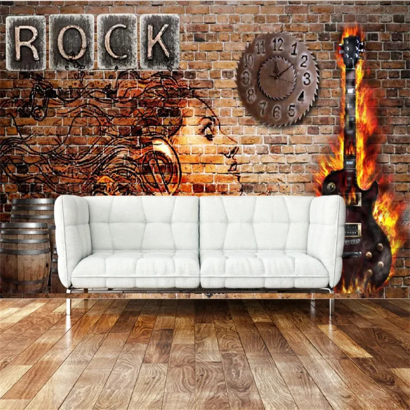 European Retro Nostalgic Rock Flame Beauty Guitar Wall Paper 3D Bar KTV Rock Club Industrial Decor Background Mural Wallpaper 3D