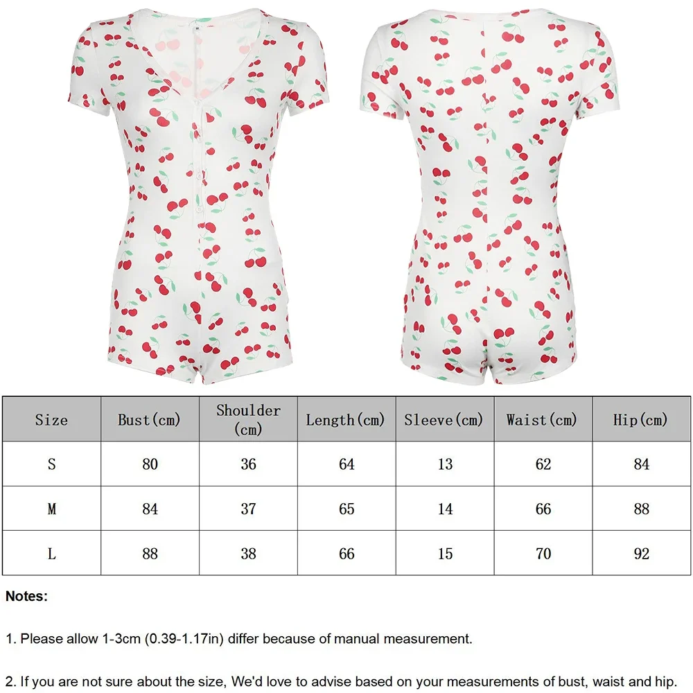 체리 프린트 원지 파자마 여름 잠옷 여성용 반팔 라운지 바디수트 미적 반바지 파자마