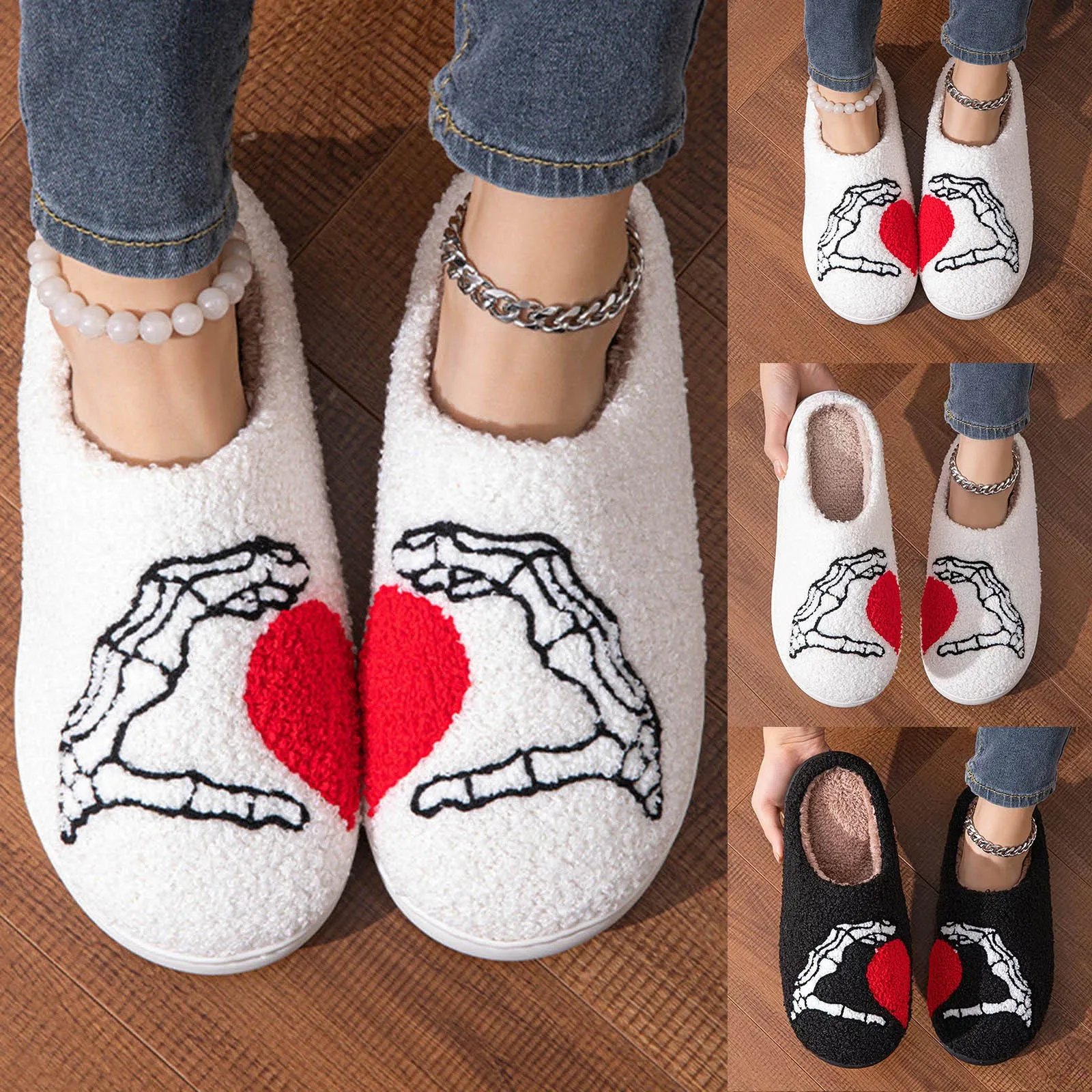 Cute Dog Pattern Embroidery stuffed Home Thick Sole plaid Furry Cotton Fashion Slippers Cute Warm Non-slip Indoor Women Slippers