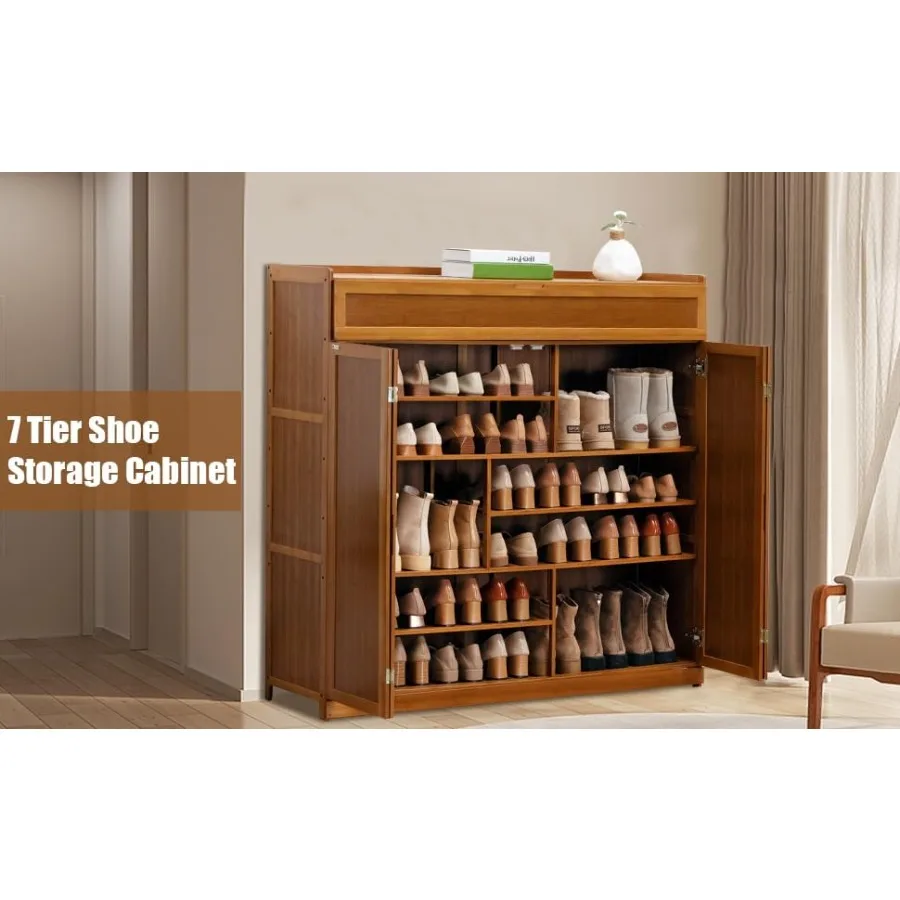 خزانة تخزين الأحذية من الخيزران مع بابين قابلين للطي وتصميم 7 طبقات لمدخل المنزل يتميز بـ 4 أبواب ومقصورة طويلة #4