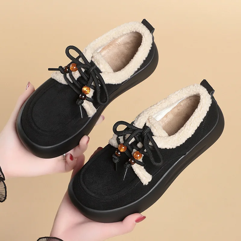 

4cm Fashion Vintage Comfortable Flat Platform Shoes Winter Warm Fur Shoes Casual 2025 WSomen's Suede Loafers for Office Mom Work