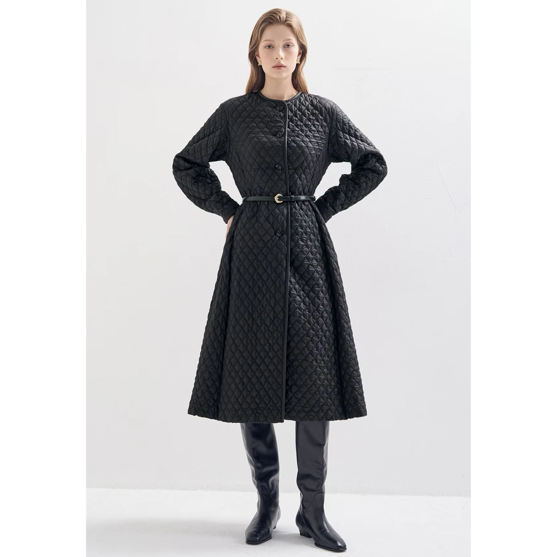 

Lemon Cheese LAN25 Autumn Elegance round Ne Pleated Long Line Belted Slimming Cotton Jaet Outerwear Ele Straight Cut