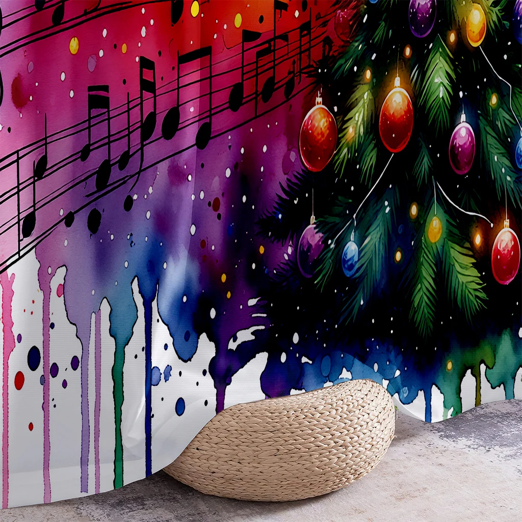 2pcs Curtains Featuring A Watercolor Musical Note Christmas Tree Print, 100% Polyester, Festive Party Decoration Curtains.