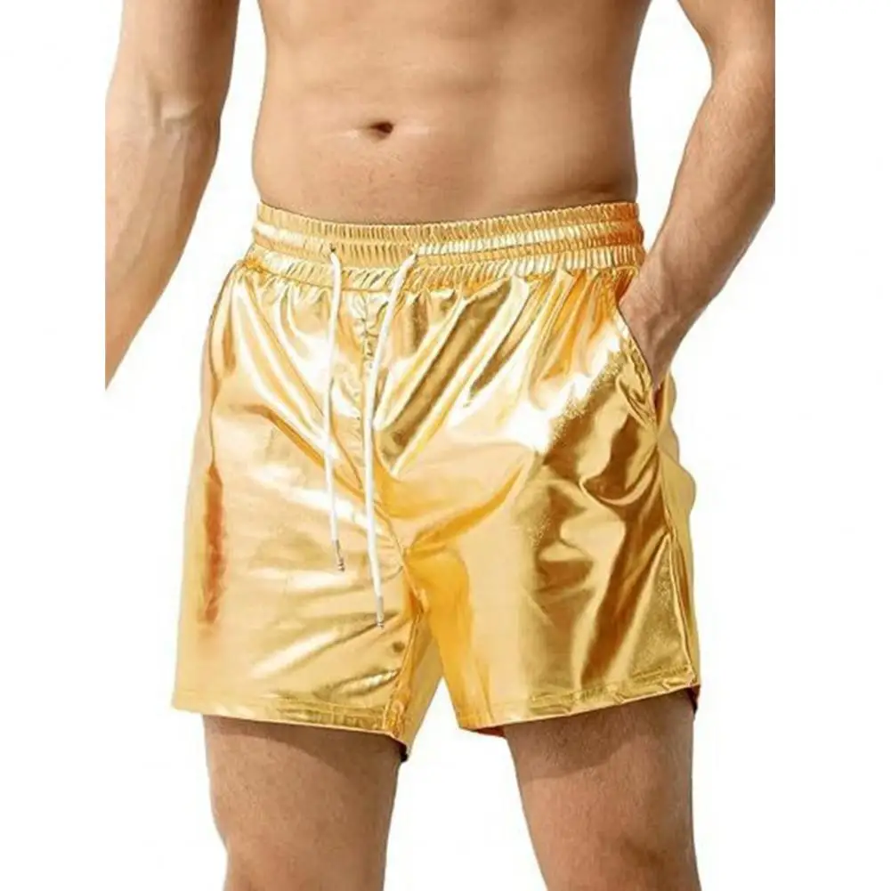 Sparkling Men Shorts Bright Color Shiny Shorts Elastic Waist Adjustable Drawstring Wide Leg Shorts Beach Casual Short Pants