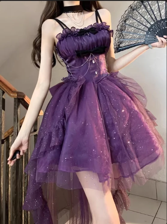 Christmas Purple Lolita Princess Suspender Dressing Jsk Girls Sweet High Waist Slim Elegant Sleeveless with Long Trailing Dress