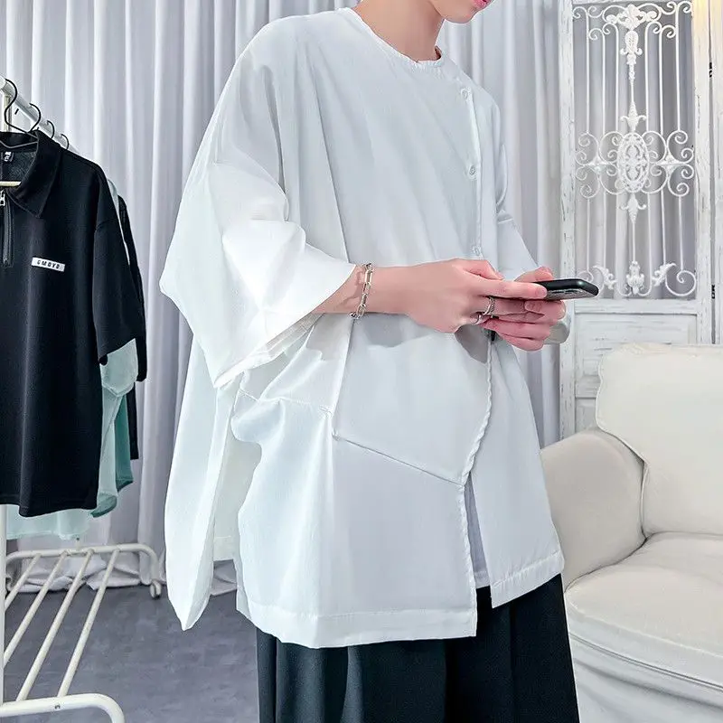 Solid Color Summer Korean Version Irregular Trend Korean Version Three Quarter Handsome Men's Clothing Thin Simplicity Shirts