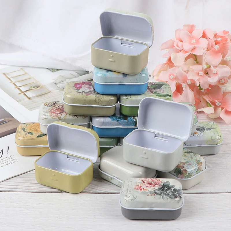 1PC Random Color 6x4x2.5cm Small Rectangular Mini Flower Pattern Tin Trinket Jewelry Coin Box Tinplate Storage Case Tinplate Box