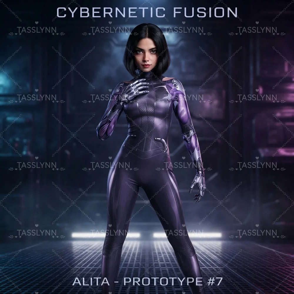 Alita Battle Cosplay Zentai Bodysuit Purple‑Silver Cyborg Mechanical Full Jumpsuit Halloween Sci‑Fi Movie Cos Costume