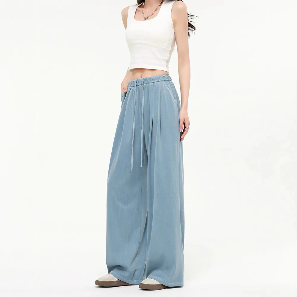 Summer Thin Lyocell Jeans Women Elastic Waist Ice Silk Wide Leg Denim Pants Pink Baggy Jeans For Women Summer Loose Trousers