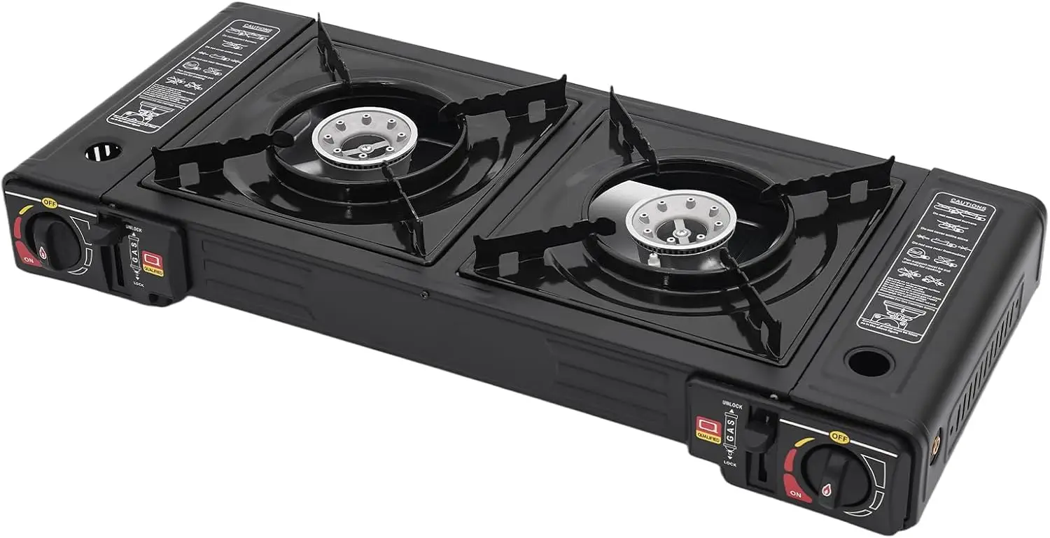 

Portable Camping Stove｜24,000 BTU Dual Burner Gas Grill w/Removable Case｜Compact 24.8" Outdoor Cooker for RV Tailgating