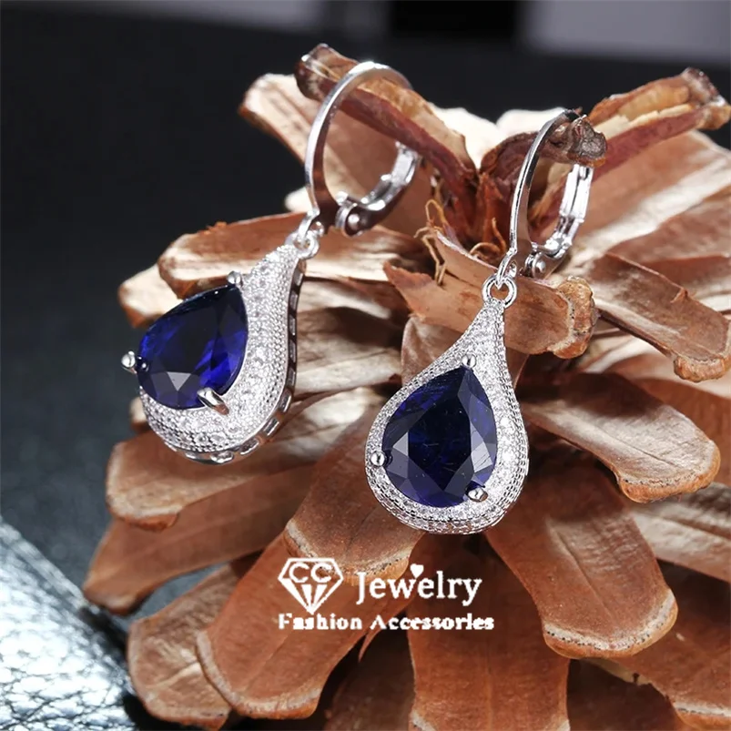 CC Blue Drop Earrings for Women Created Sapphire Find Jewelry White Gold Color Vintage Dangle Ear Stud Accessories Party CCE020