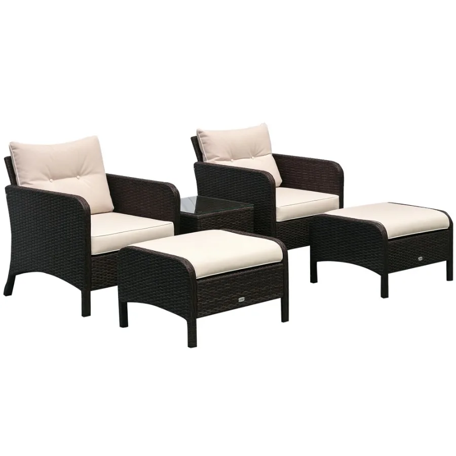 

Outdoor patio rattan wicker lounge set: 2 cushioned chairs, 2 ottomans, tempered glass coffee tablebrown/beige, weather-resista