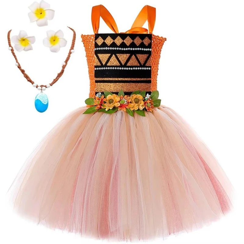 Girls for  Princess Moana CostumeHawaiian Themed Birthday Party Tulle Tutu Dress Flowers Crown Kids Halloween Carnival Costumes