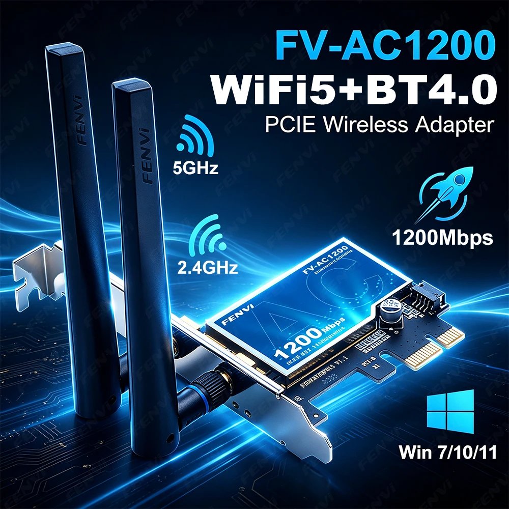AC1200 WiFi 5 PCIe Wireless Adapter Dual Band 2.4G/5GHz Bluetooth 4.0 Network Card 1200Mbps for Windows 7/10/11 Desktop PC