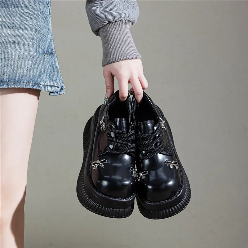 2025 플랫폼 로퍼 여성용 봄 소프트솔 논슬립 브리티시 컬리지 스타일 레이스업 리본 작은 가죽 신발