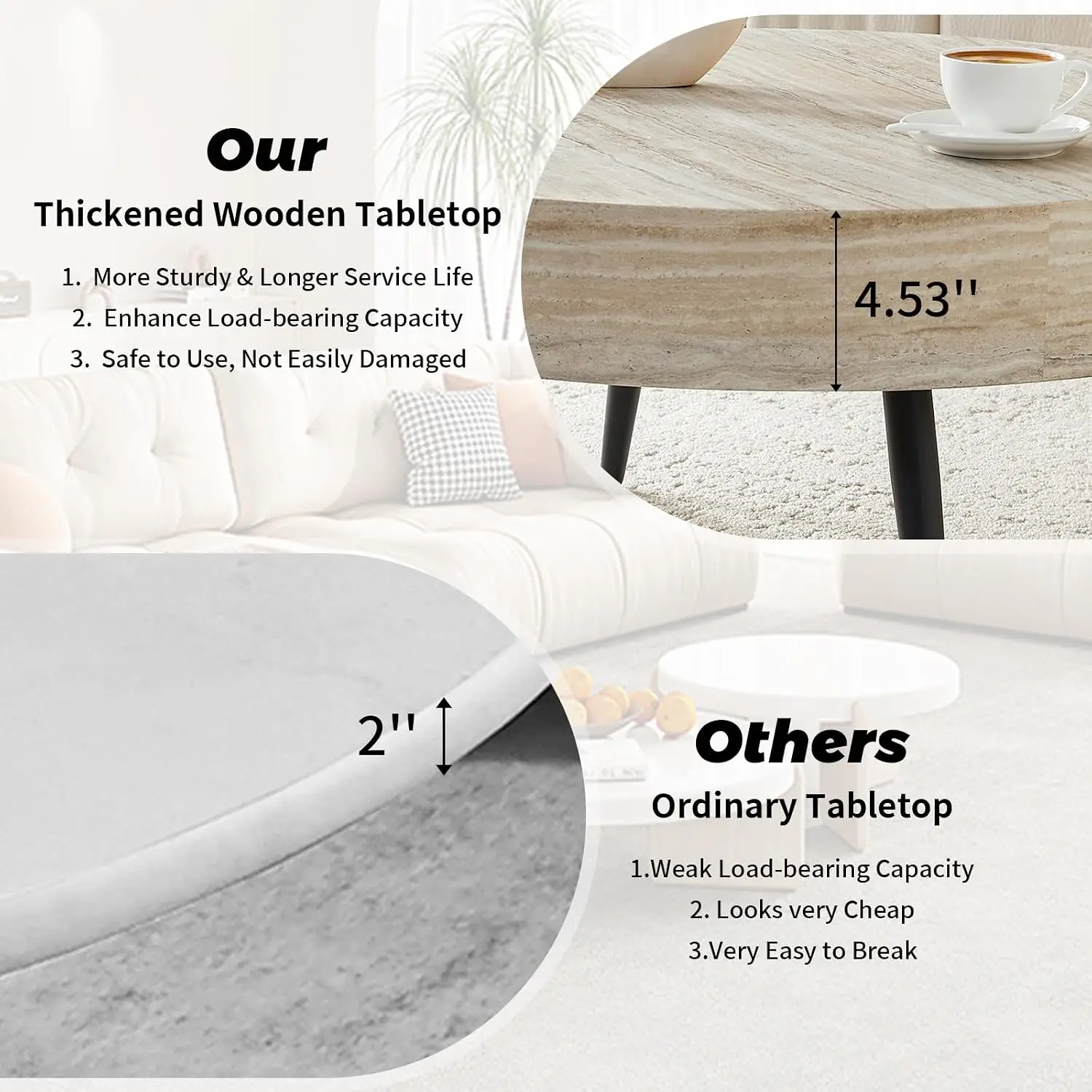 Round Coffee Table Mid Century Small Wood Accent Table Metal Legs Living Room Apartment 31.5''D Stone Pattern, Customized