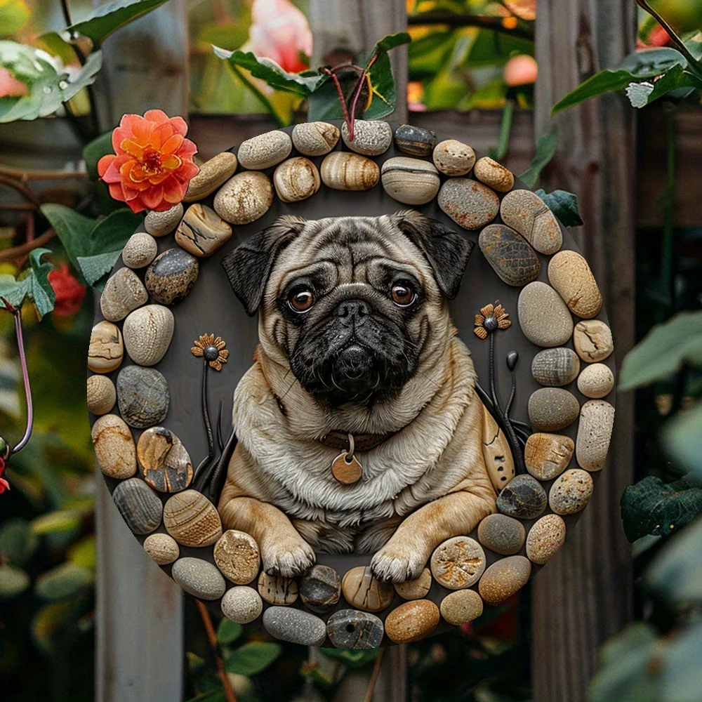 8x8 Inch Pug Themed Metal Wreath Sign: Aluminium Artwork for Living Room Decor - Perfect for Children's Day or Pug Lovers